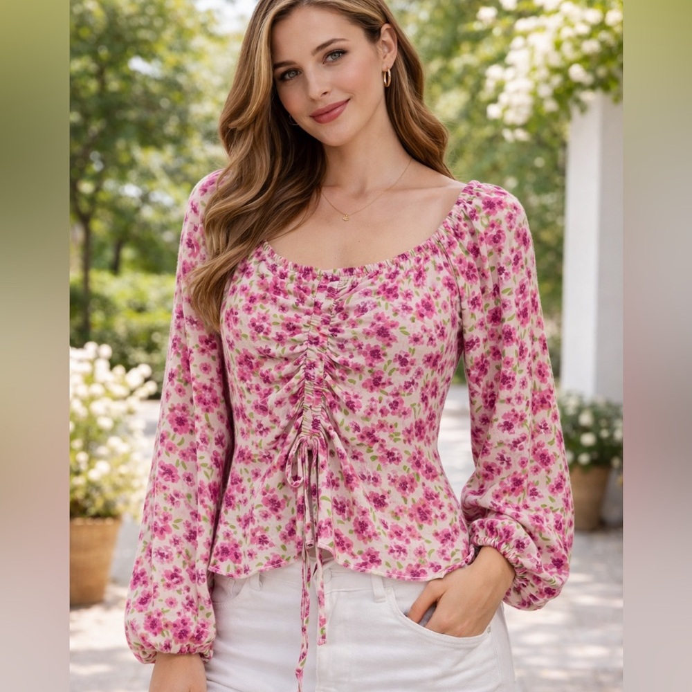 Others Follow Pink Floral Ruched Blouse